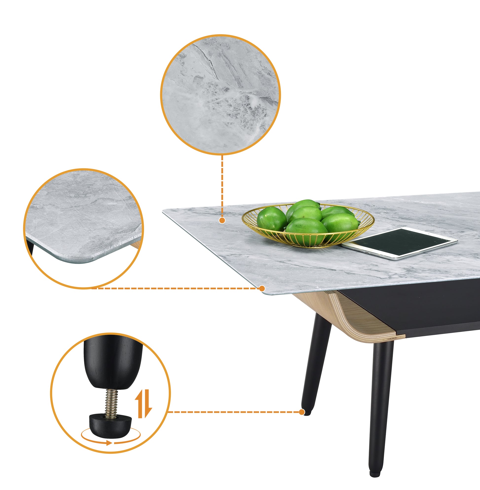 Landon 47" Coffee Table With Glass Gray Marble Texture Top And Bent Wood Design Gray Glass