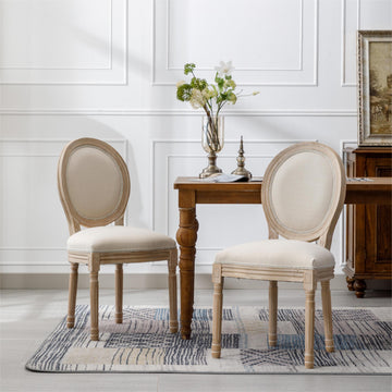 French Style Solid Wood Frame Linen Fabric Oval Back Dining Chair,Set Of 2,Cream Beige Foam Solid Wood