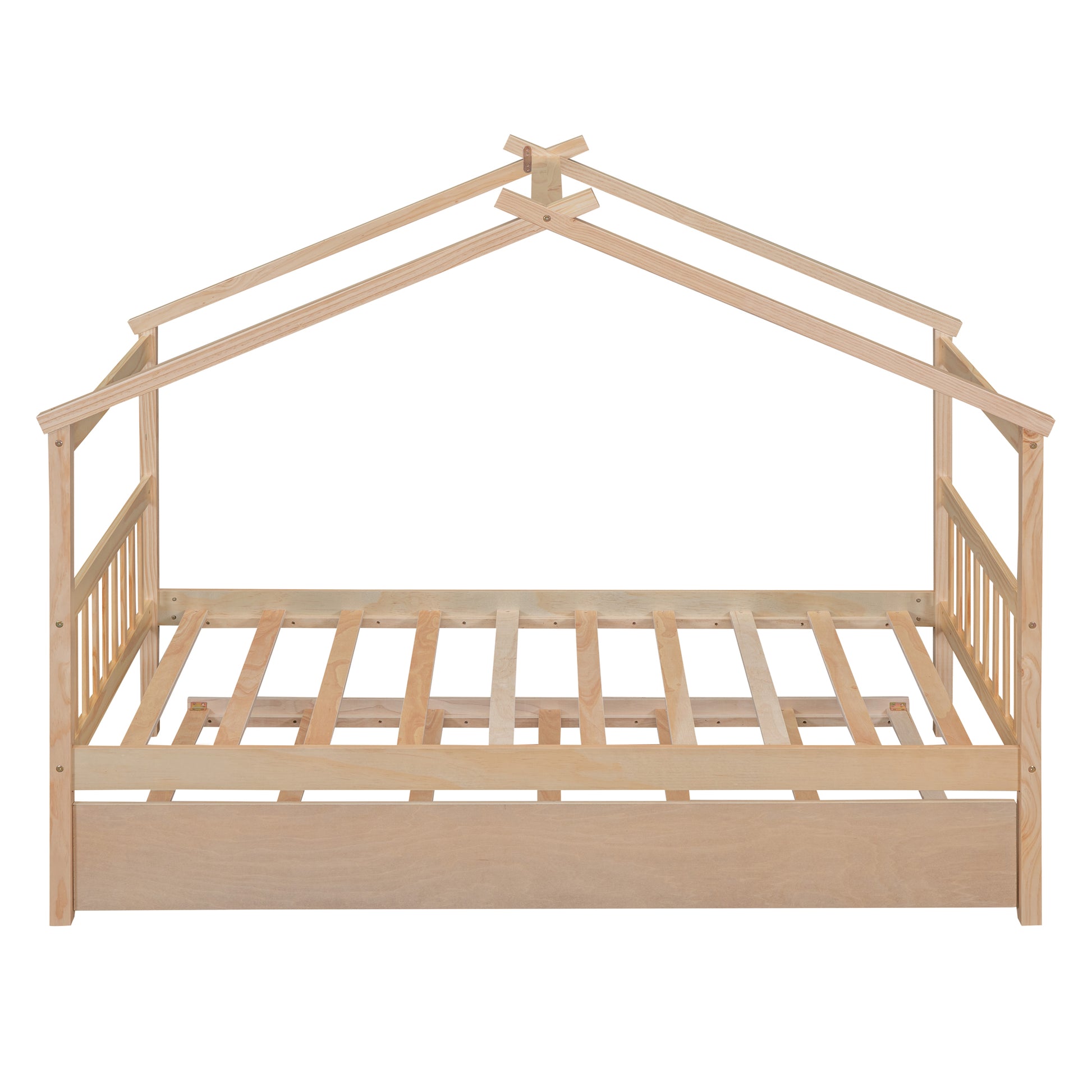 Twin Size Wooden House Bed With Twin Size Trundle, Natural Natural Solid Wood