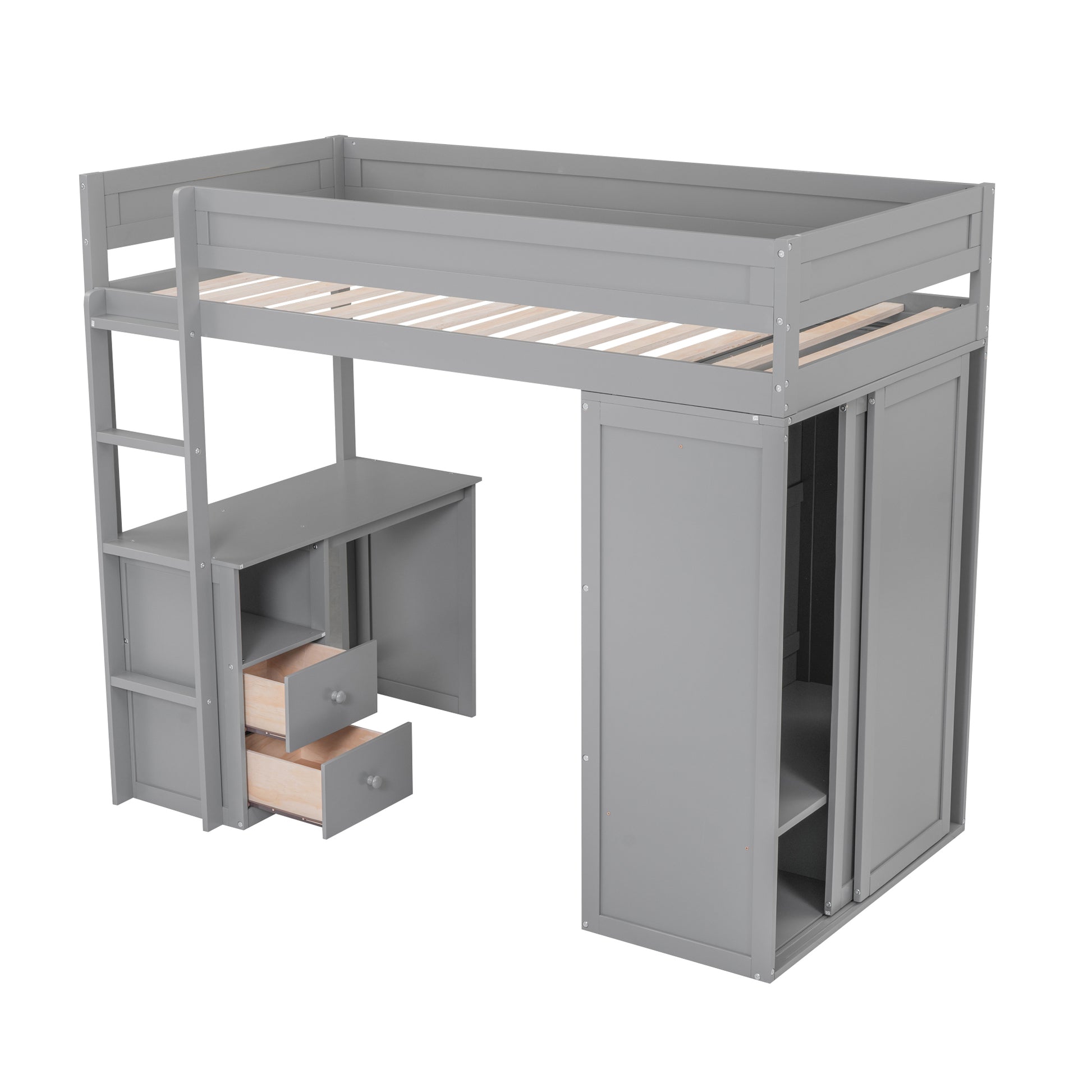 Wood Twin Size Loft Bed With Wardrobes And 2 Drawer Desk With Cabinet, Gray Gray Solid Wood Mdf