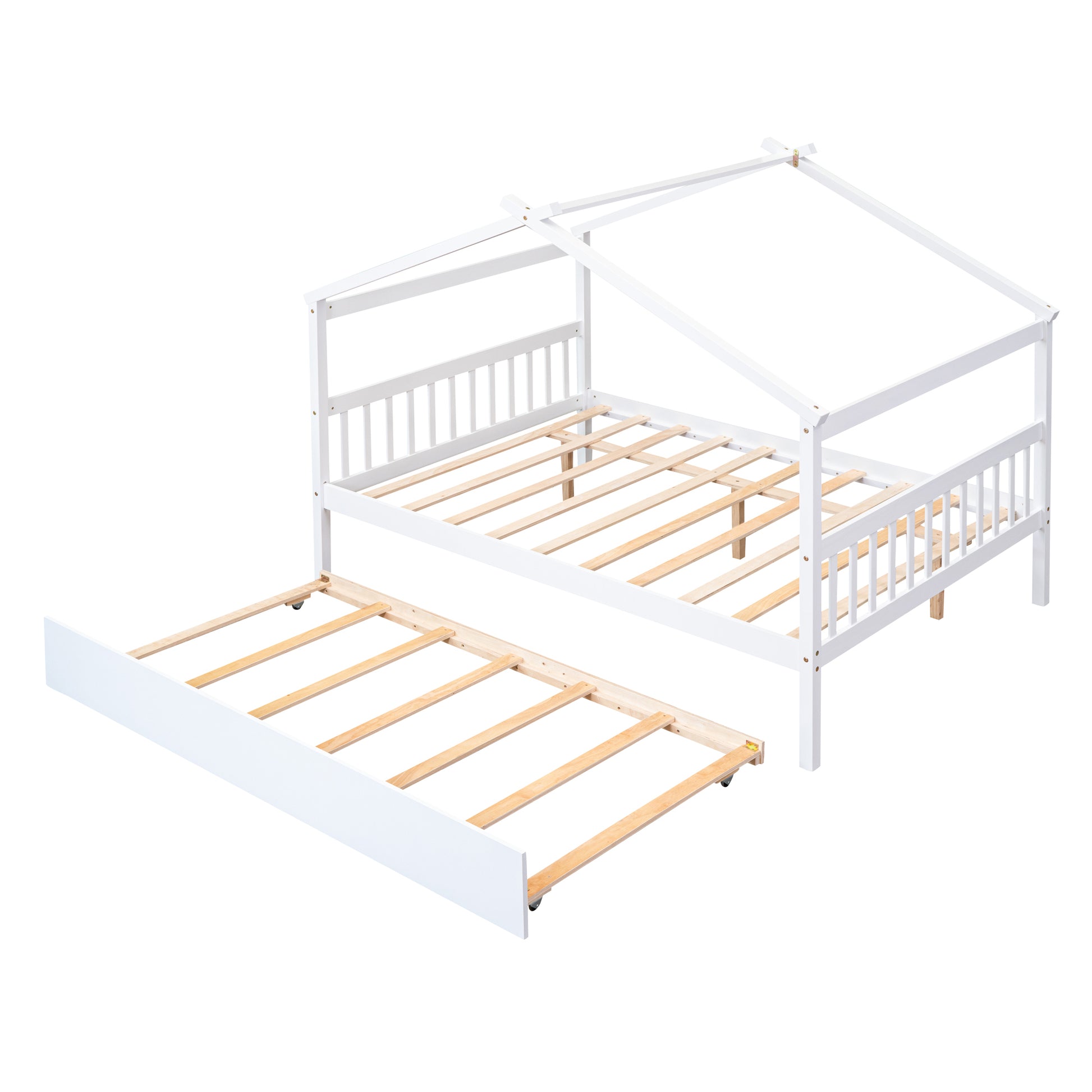 Full Size Wooden House Bed With Twin Size Trundle, White White Solid Wood