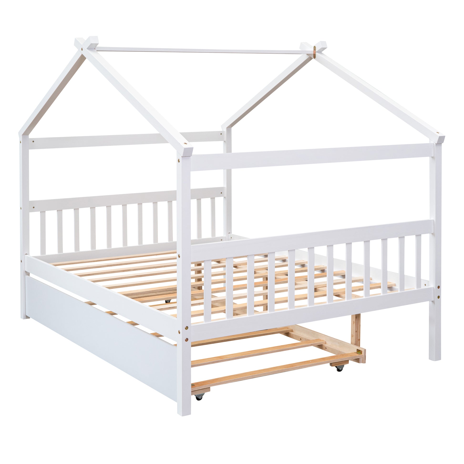 Full Size Wooden House Bed With Twin Size Trundle, White White Solid Wood