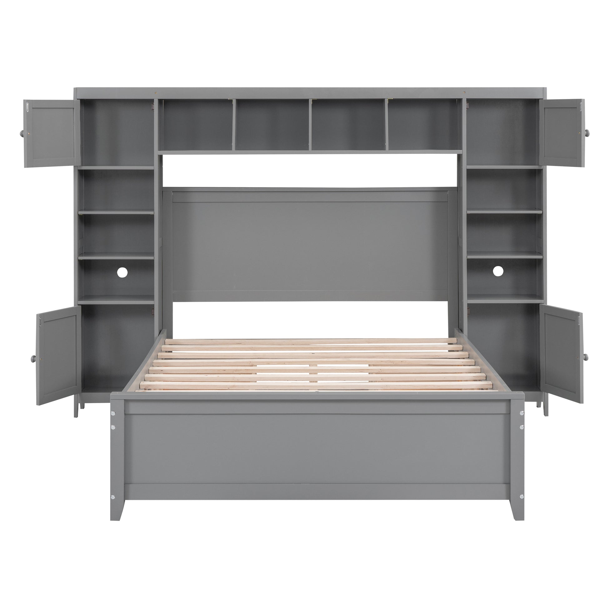 Full Size Wooden Bed With All In One Cabinet And Shelf, Gray Full Gray Solid Wood