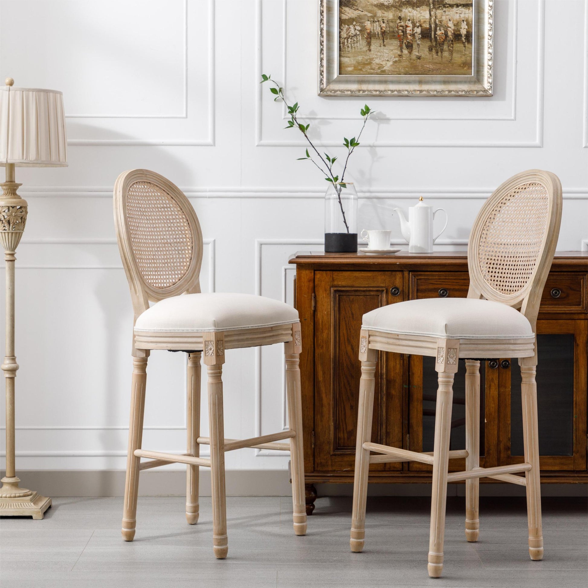 French Country Wooden Barstools Rattan Back With Upholstered Seatingbeige And Natural ,Set Of 2 Cream Fabric Solid Wood