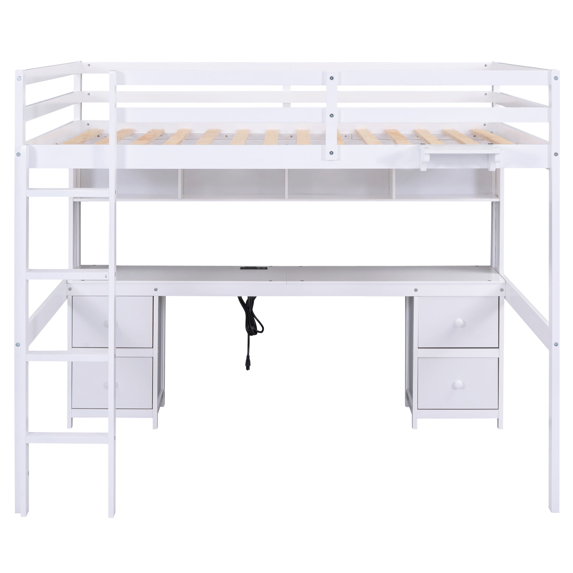 Full Size Loft Bed With Desk, Cabinets, Drawers And Bedside Tray, Charging Station, White White Solid Wood Mdf