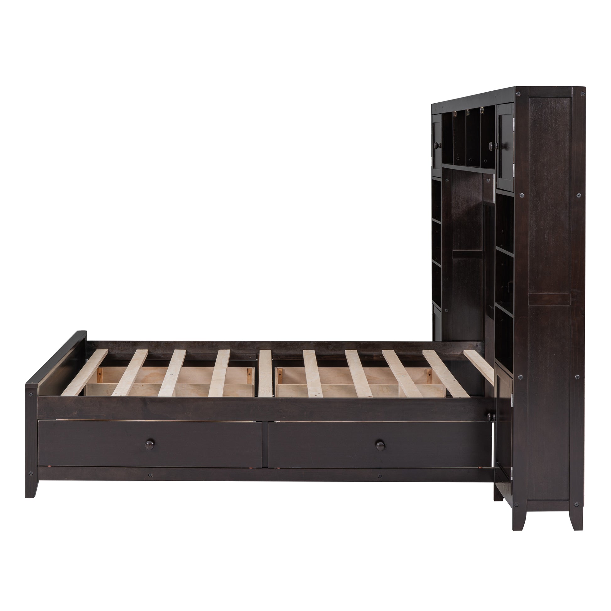 Full Size Wooden Bed With All In One Cabinet And Shelf, Espresso Full Espresso Solid Wood