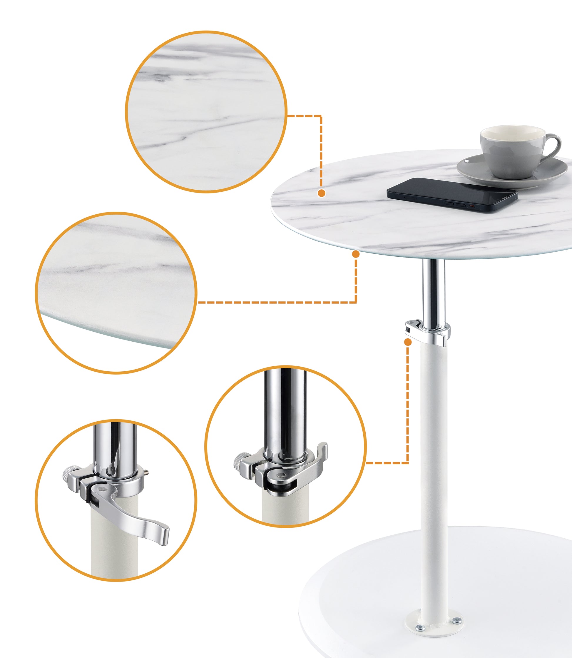 Orbit 15.5" End Table With Height Adjustable White Marble Textured Top White Glass