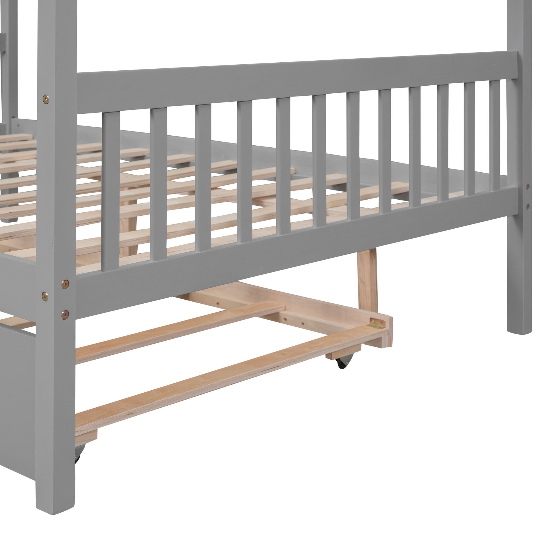 Full Size Wooden House Bed With Twin Size Trundle, Gray Gray Solid Wood