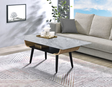 Landon 47" Coffee Table With Glass Gray Marble Texture Top And Bent Wood Design Gray Glass
