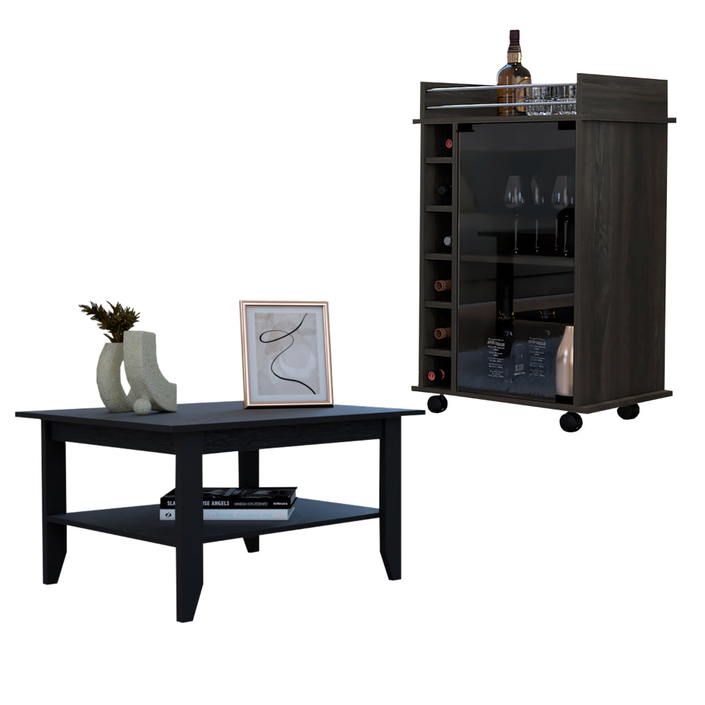 Cabrillo 4 Shelf 2 Piece Living Room Set, Coffee Table And Bar Cabinet Black And Espresso Black Mdf