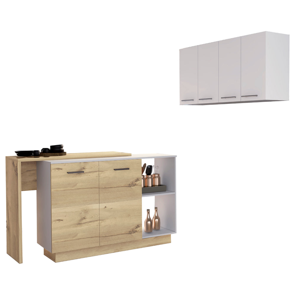 White And Light Oak 4 Shelf 6 Door 2 Piece Kitchen Set, Kitchen Island And Upper Wall Cabinet White Mdf