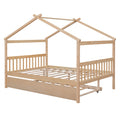 Full Size Wooden House Bed With Twin Size Trundle, Natural Natural Solid Wood