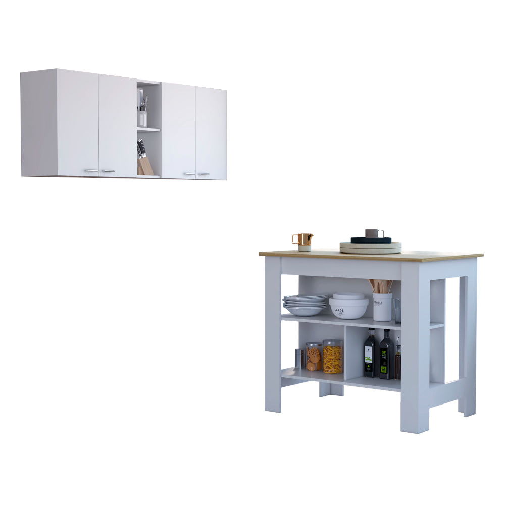 Sierra 7 Shelf 4 Door 2 Piece Kitchen Set, Upper Wall Cabinet And Kitchen Island White And Light Oak White Mdf