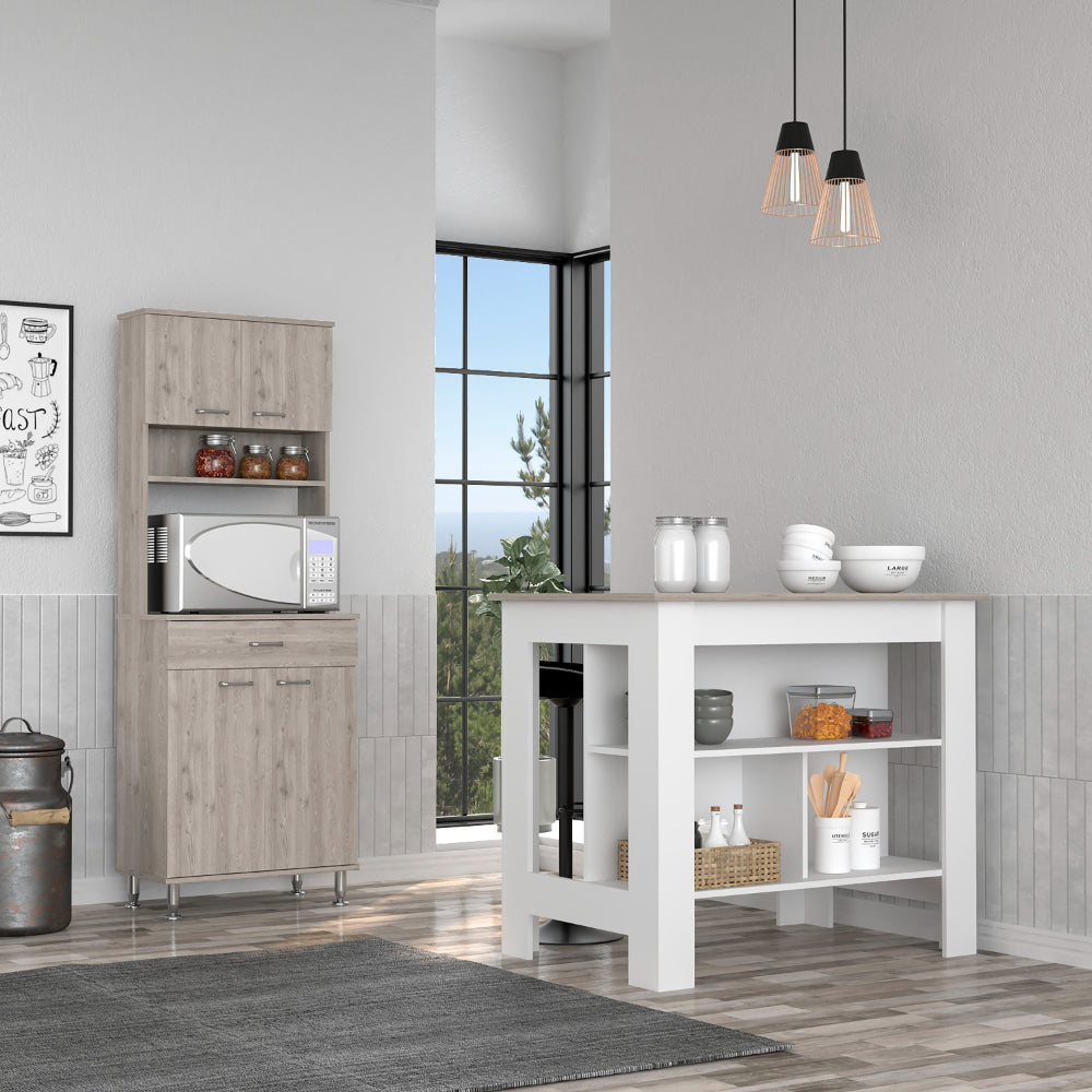 Newton 8 Shelf 1 Drawer 2 Piece Kitchen Set, Kitchen Island And Pantry Cabinet White And Light Gray White Mdf