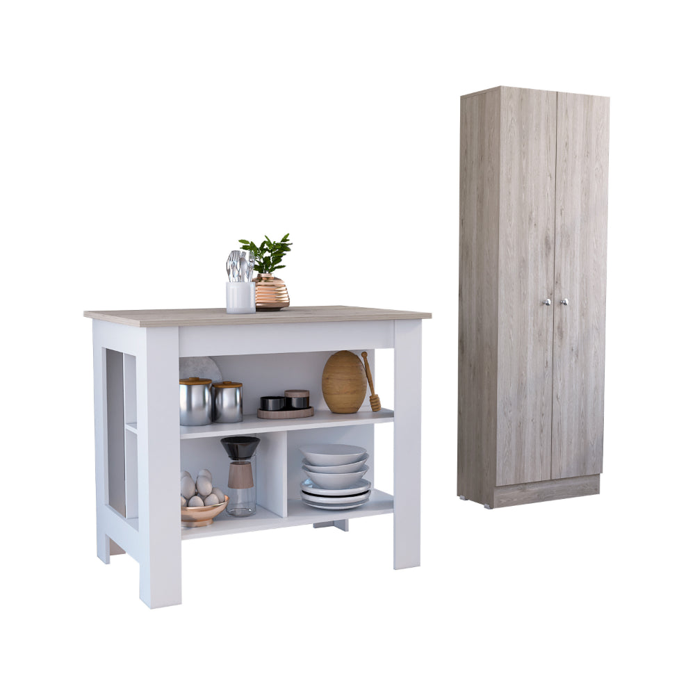 Roblar 8 Shelf 2 Door 2 Piece Kitchen Set, Kitchen Island And Pantry Cabinet White And Light Gray White Mdf
