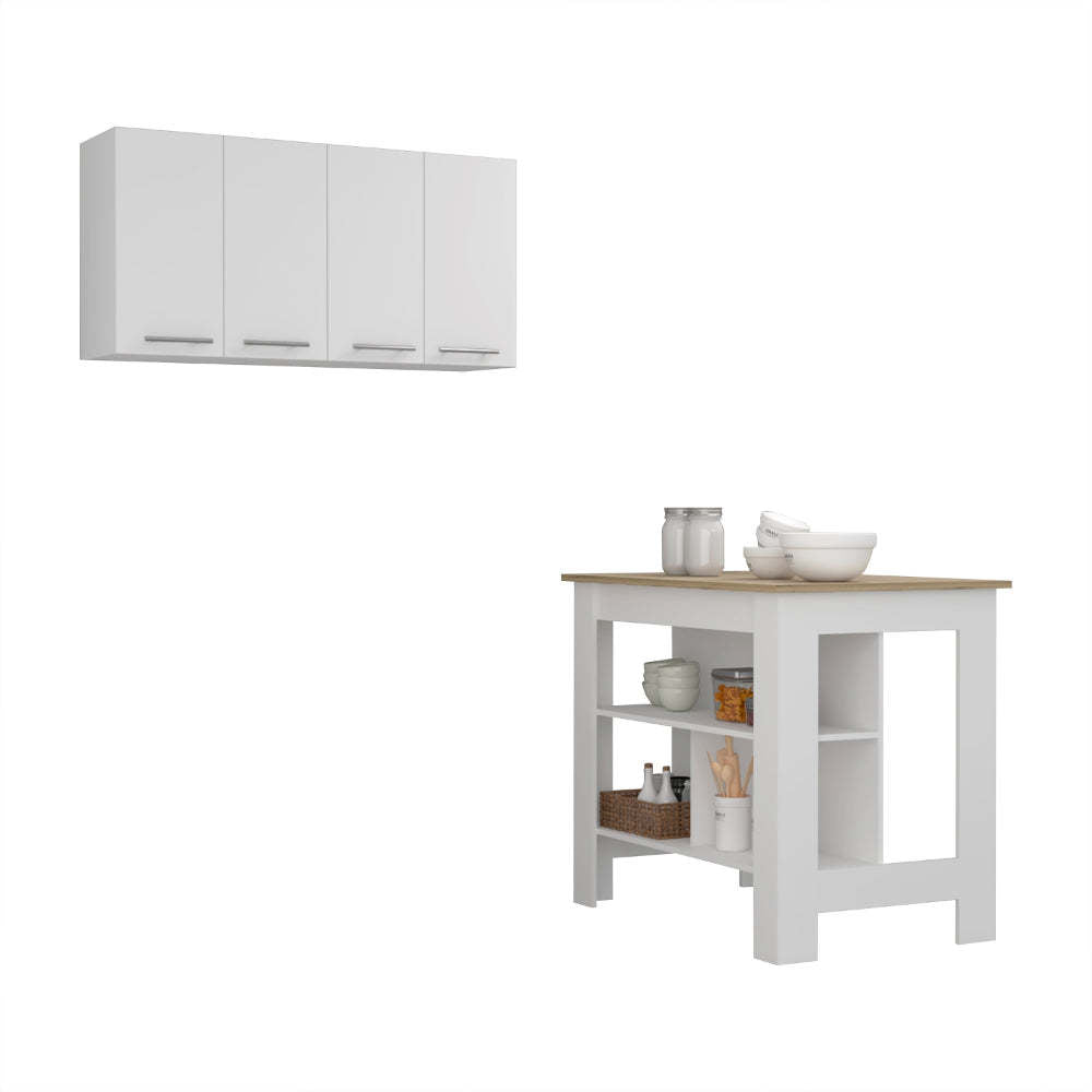 Burlingame 5 Shelf 4 Door 2 Piece Kitchen Set, Kitchen Island And Upper Wall Cabinet White And Light Oak White Mdf