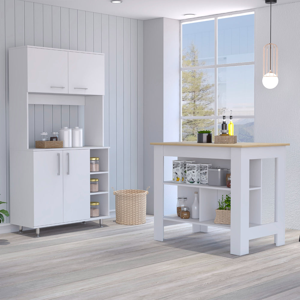Ralston 7 Shelf 4 Door 2 Piece Kitchen Set, Kitchen Island And Pantry Cabinet White And Light Oak White Mdf