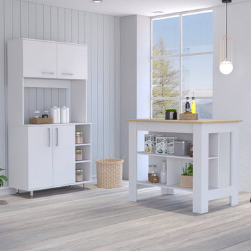 Ralston 7 Shelf 4 Door 2 Piece Kitchen Set, Kitchen Island And Pantry Cabinet White And Light Oak White Mdf