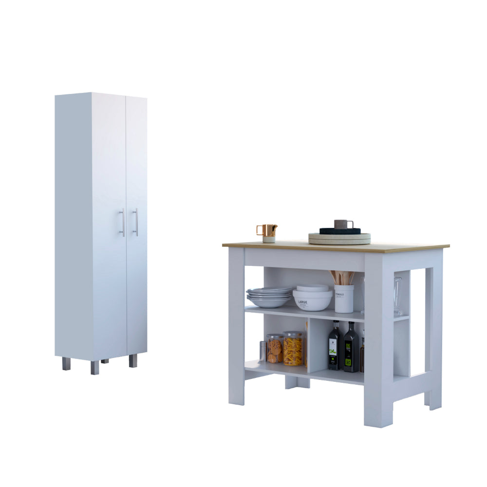 Hayne 9 Shelf 2 Door 2 Piece Kitchen Set, Kitchen Island And Pantry White And Light Oak White Mdf