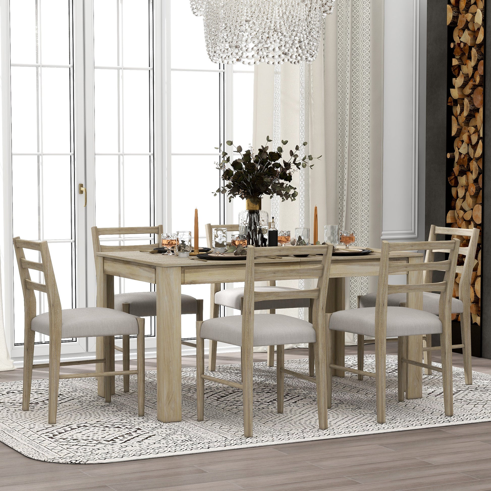 7 Piece Wooden Dining Table Set Mutifunctional Extendable Table With 12" Leaf And 2 Drawers, 6 Dining Chairs With Soft Cushion Natural Wood Wash Natural Wood Wash Solid Wood