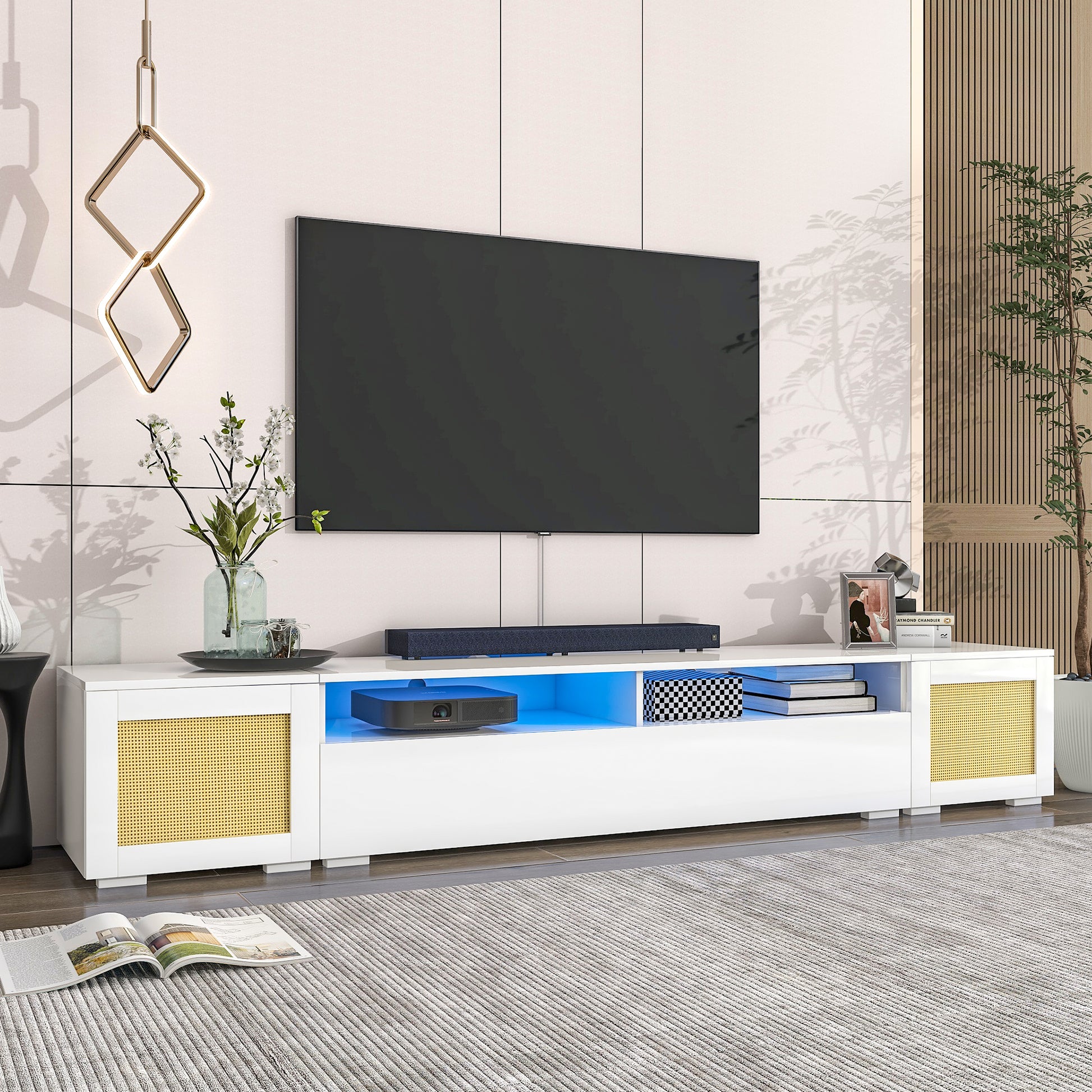 Rattan Style Entertainment Center With Push To Open Doors, 3 Pics Extended Tv Console Table For Tvs Up To 90'', Modern Tv Stand With Color Changing Led Lights For Home Theatre, White White Particle Board