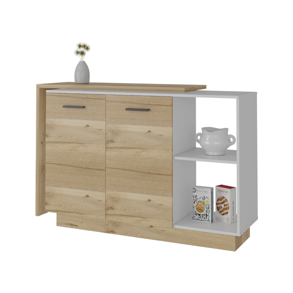 Crescent 7 Shelf 4 Door 2 Piece Kitchen Set, Kitchen Island And Pantry White And Light Oak White Mdf