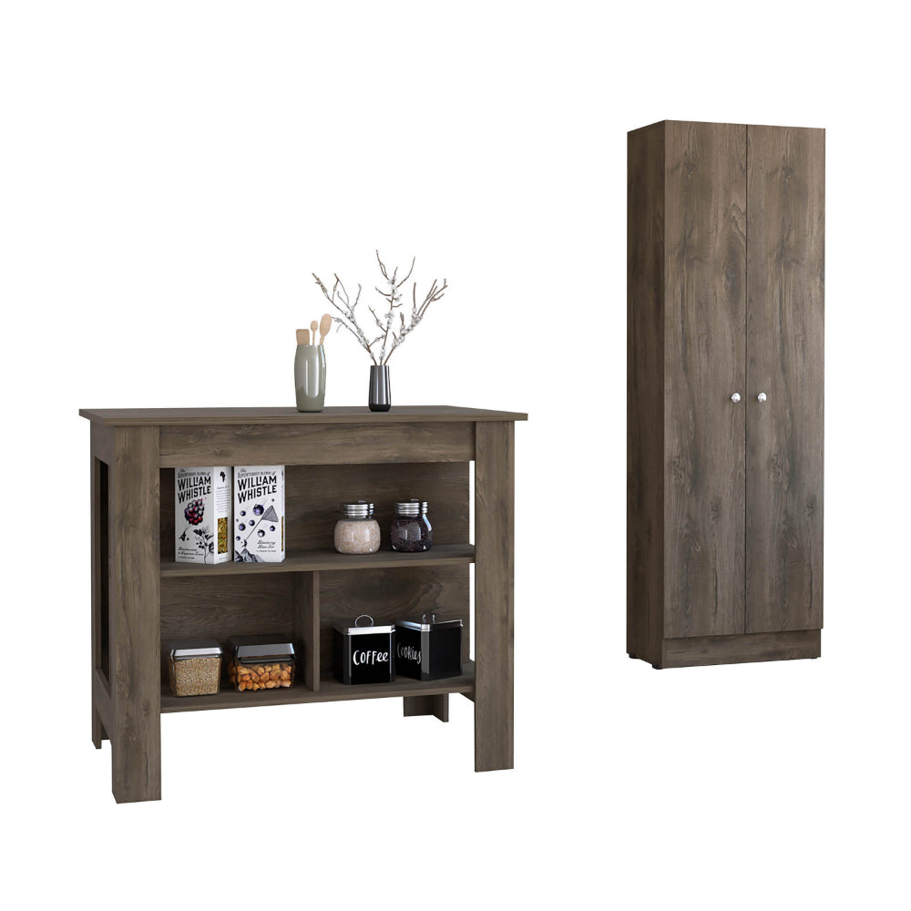 Roblar 8 Shelf 2 Door 2 Piece Kitchen Set, Kitchen Island And Pantry Cabinet Dark Brownand Onyx Brown Mdf