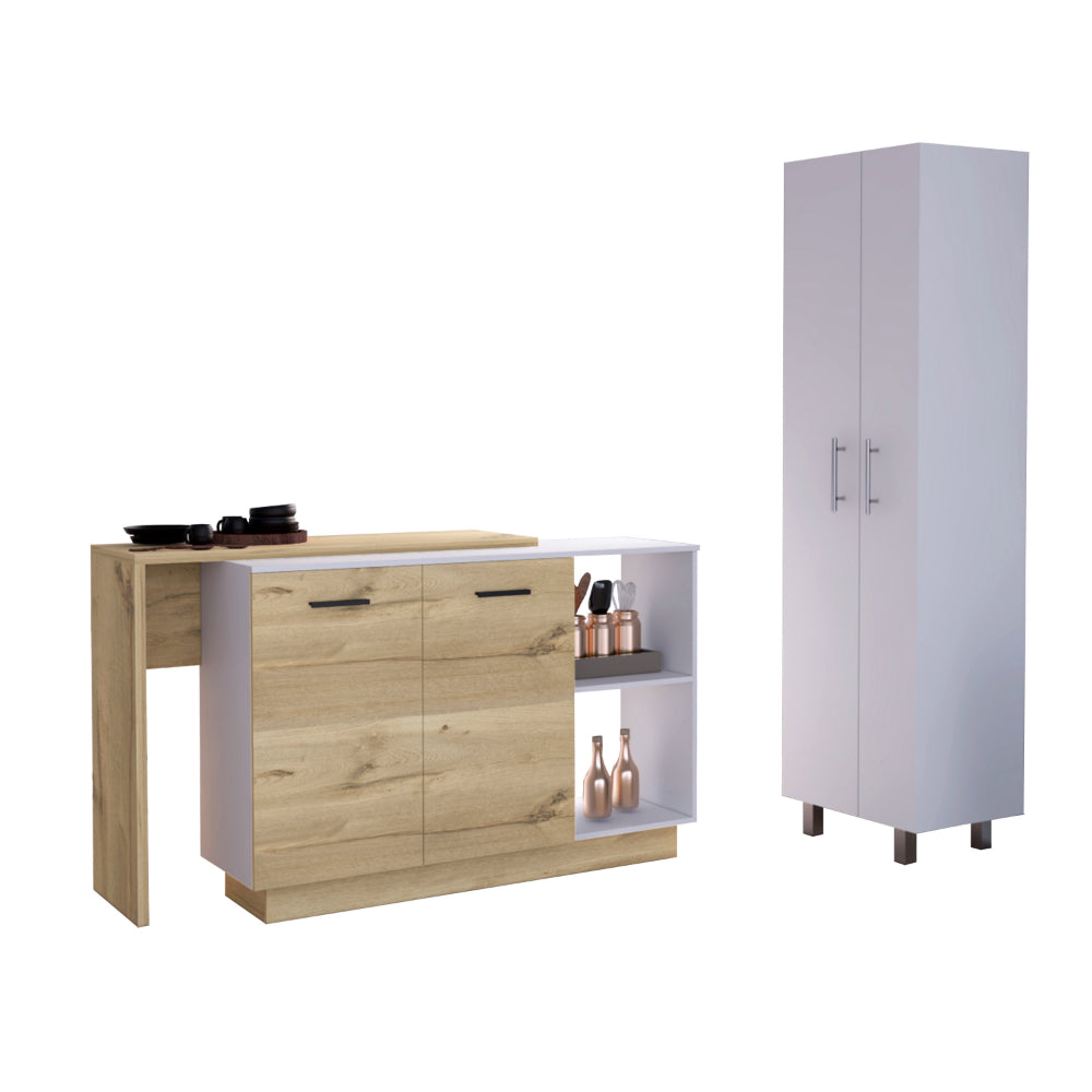 Crescent 7 Shelf 4 Door 2 Piece Kitchen Set, Kitchen Island And Pantry White And Light Oak White Mdf