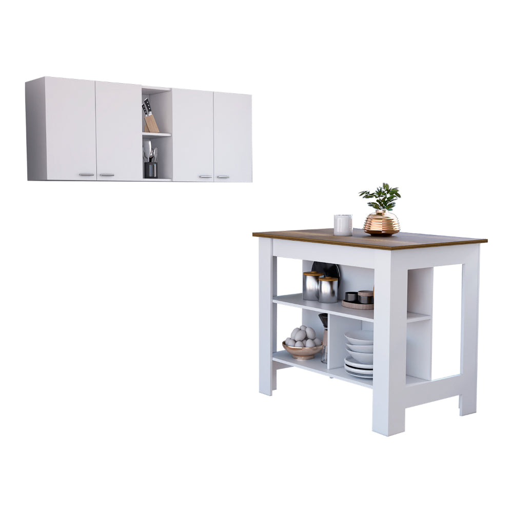 Sierra 7 Shelf 4 Door 2 Piece Kitchen Set, Upper Wall Cabinet And Kitchen Island White And Walnut White Mdf