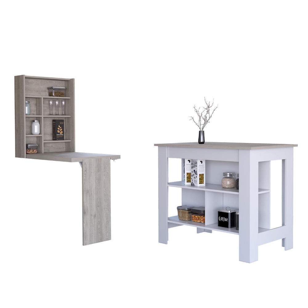 Wilmington 10 Shelf 2 Piece Kitchen Set, Kitchen Island And Functional Table Whiteand Light Gray White Mdf