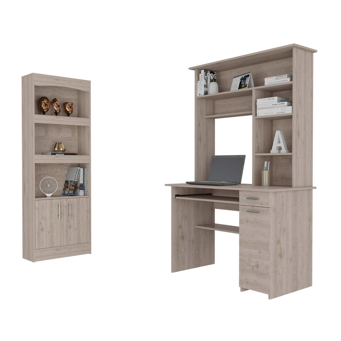 Light Gray 10 Shelf 4 Door 2 Piece Office Set, Bookcase And Desk Gray Mdf