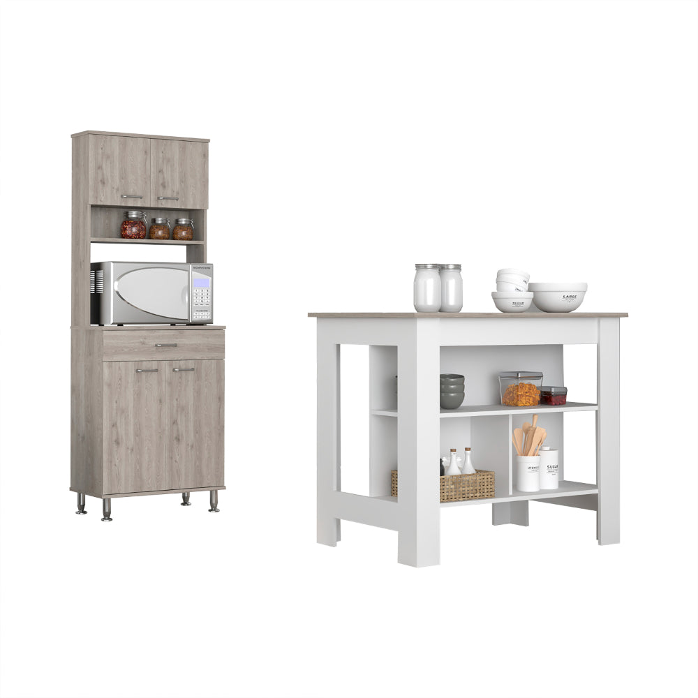 Newton 8 Shelf 1 Drawer 2 Piece Kitchen Set, Kitchen Island And Pantry Cabinet White And Light Gray White Mdf