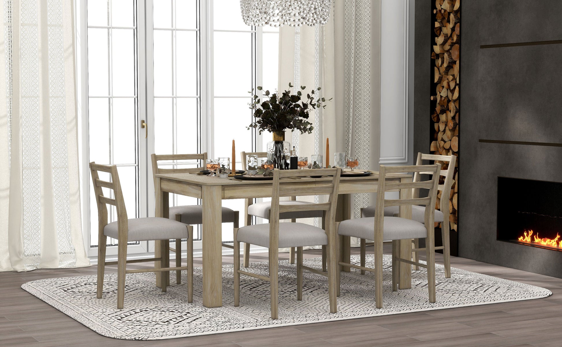 7 Piece Wooden Dining Table Set Mutifunctional Extendable Table With 12" Leaf And 2 Drawers, 6 Dining Chairs With Soft Cushion Natural Wood Wash Natural Wood Wash Solid Wood