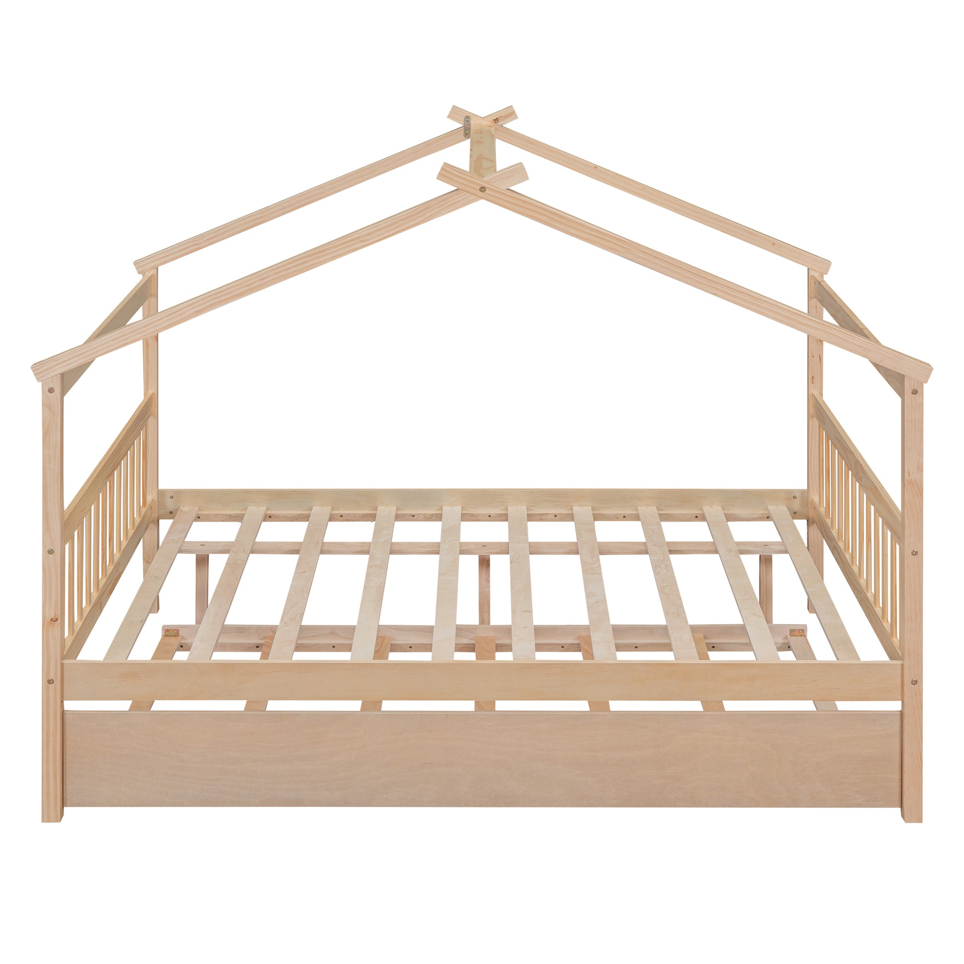 Full Size Wooden House Bed With Twin Size Trundle, Natural Natural Solid Wood