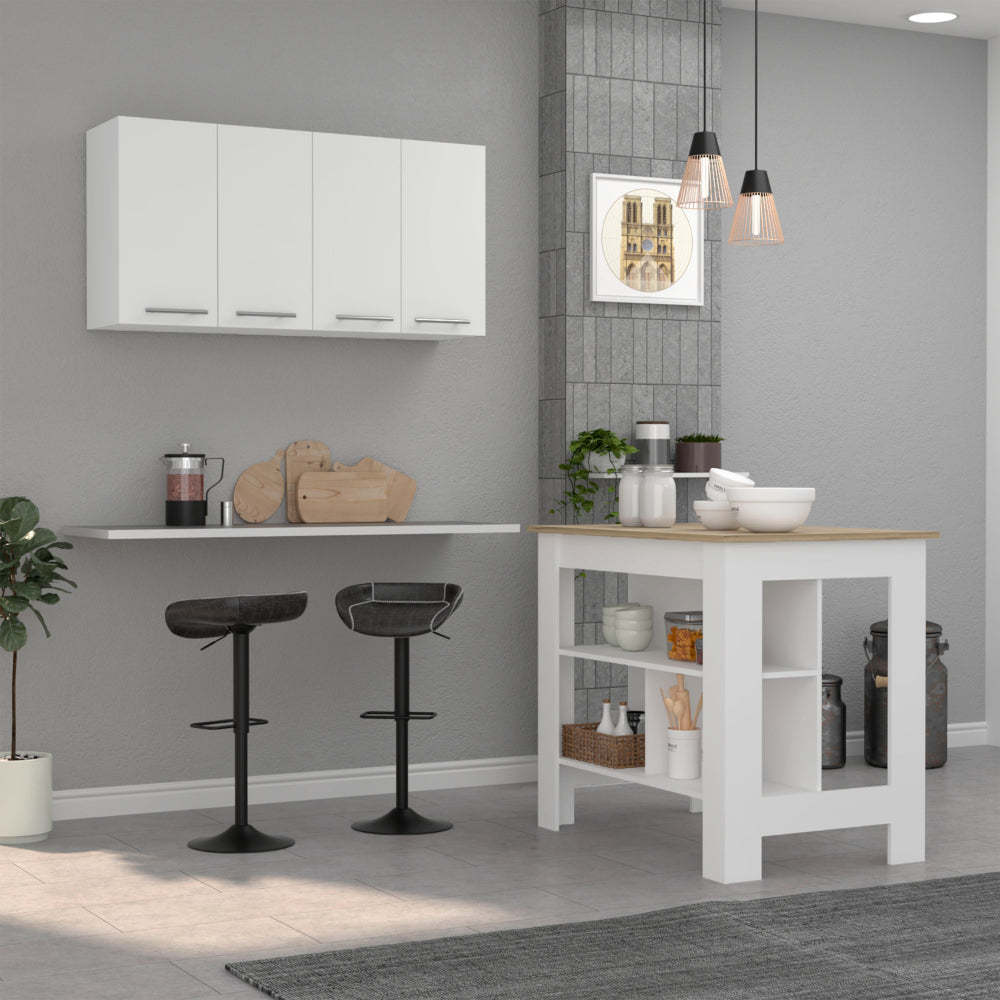 Burlingame 5 Shelf 4 Door 2 Piece Kitchen Set, Kitchen Island And Upper Wall Cabinet White And Light Oak White Mdf