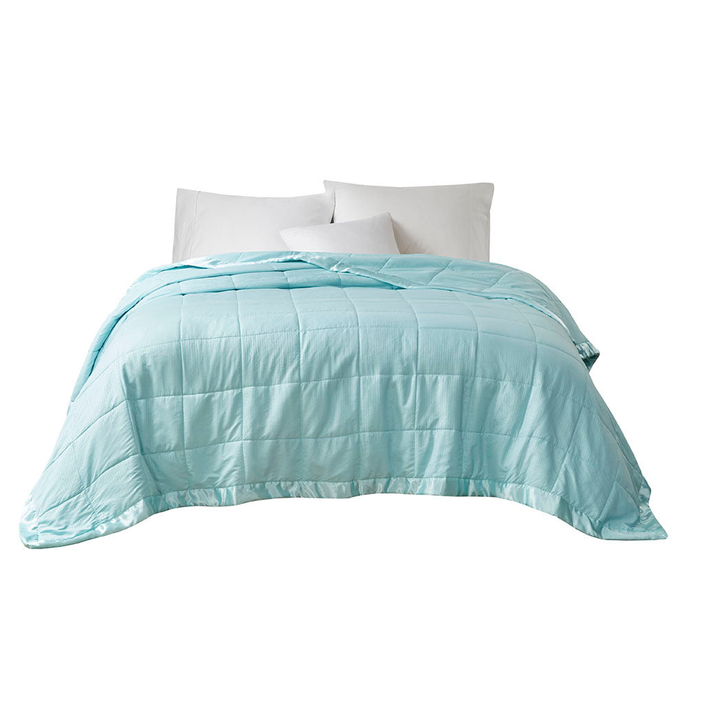 Oversized Down Alternative Blanket With Satin Trim Aqua Polyester