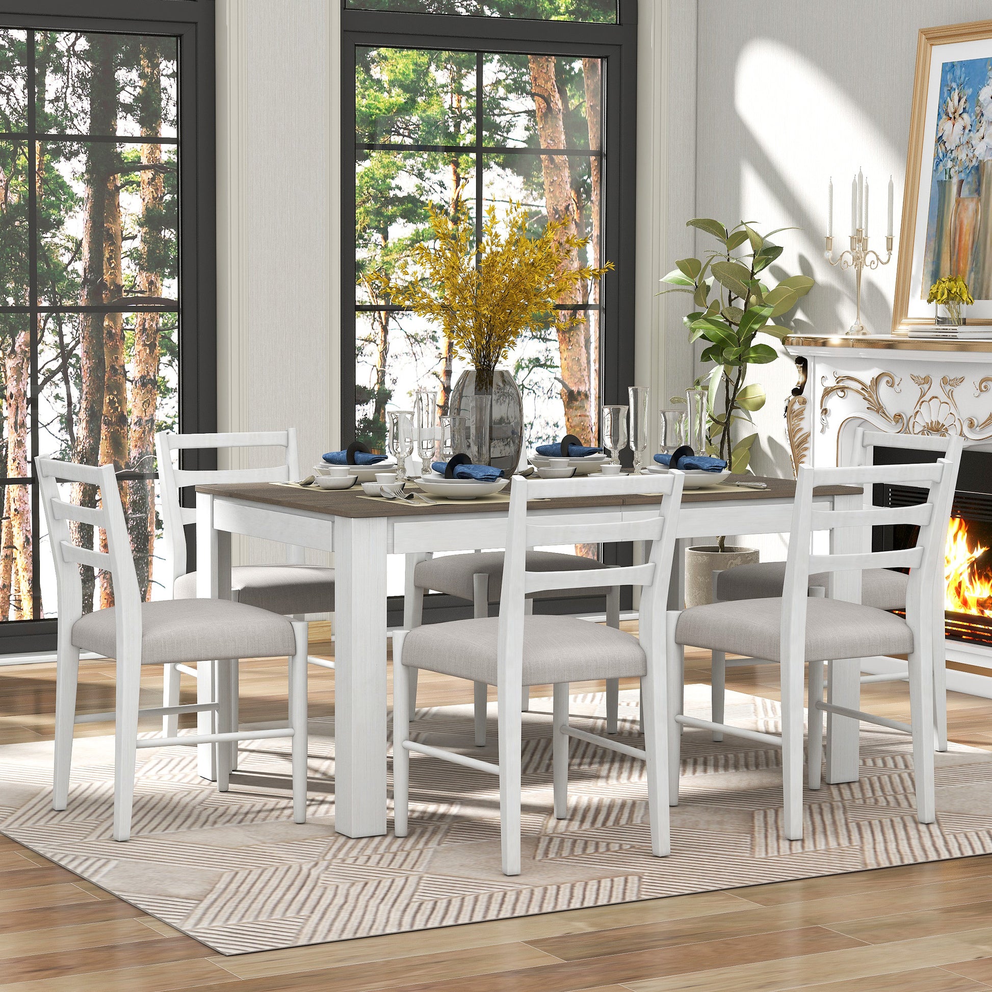 7 Piece Wooden Dining Table Set Mutifunctional Extendable Table With 12" Leaf And 2 Drawers, 6 Dining Chairs With Soft Cushion Brown White Brown White Solid Wood