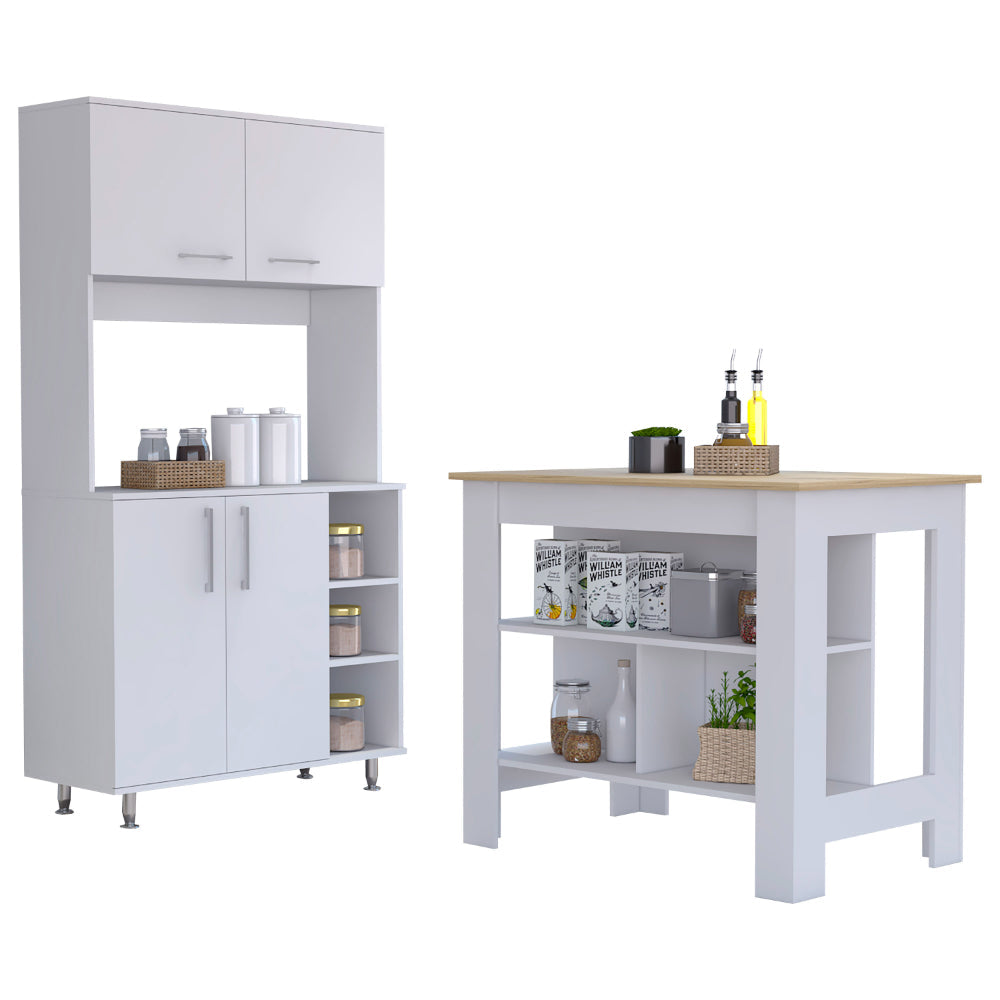 Ralston 7 Shelf 4 Door 2 Piece Kitchen Set, Kitchen Island And Pantry Cabinet White And Light Oak White Mdf