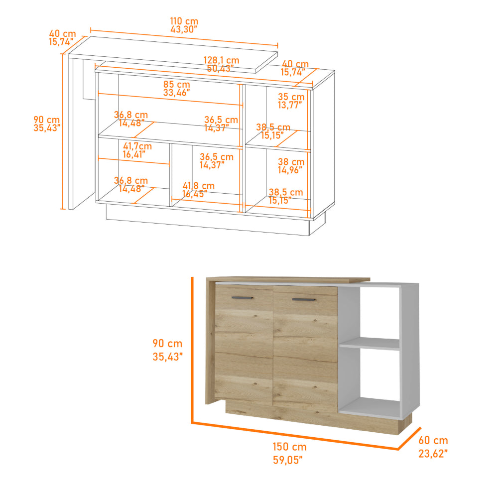 Crescent 7 Shelf 4 Door 2 Piece Kitchen Set, Kitchen Island And Pantry White And Light Oak White Mdf