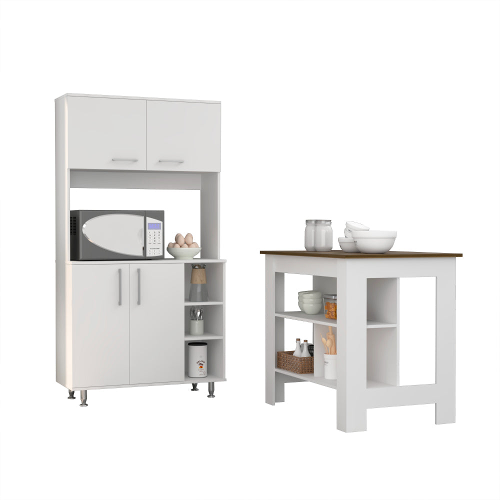 Ralston 7 Shelf 4 Door 2 Piece Kitchen Set, Kitchen Island And Pantry Cabinet White And Walnut White Mdf