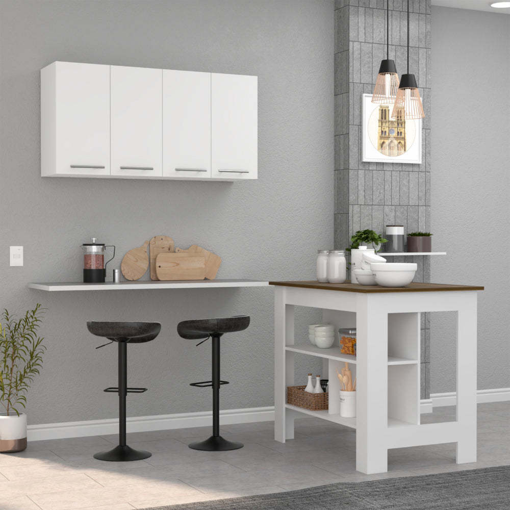 Burlingame 5 Shelf 4 Door 2 Piece Kitchen Set, Kitchen Island And Upper Wall Cabinet White And Walnut White Mdf