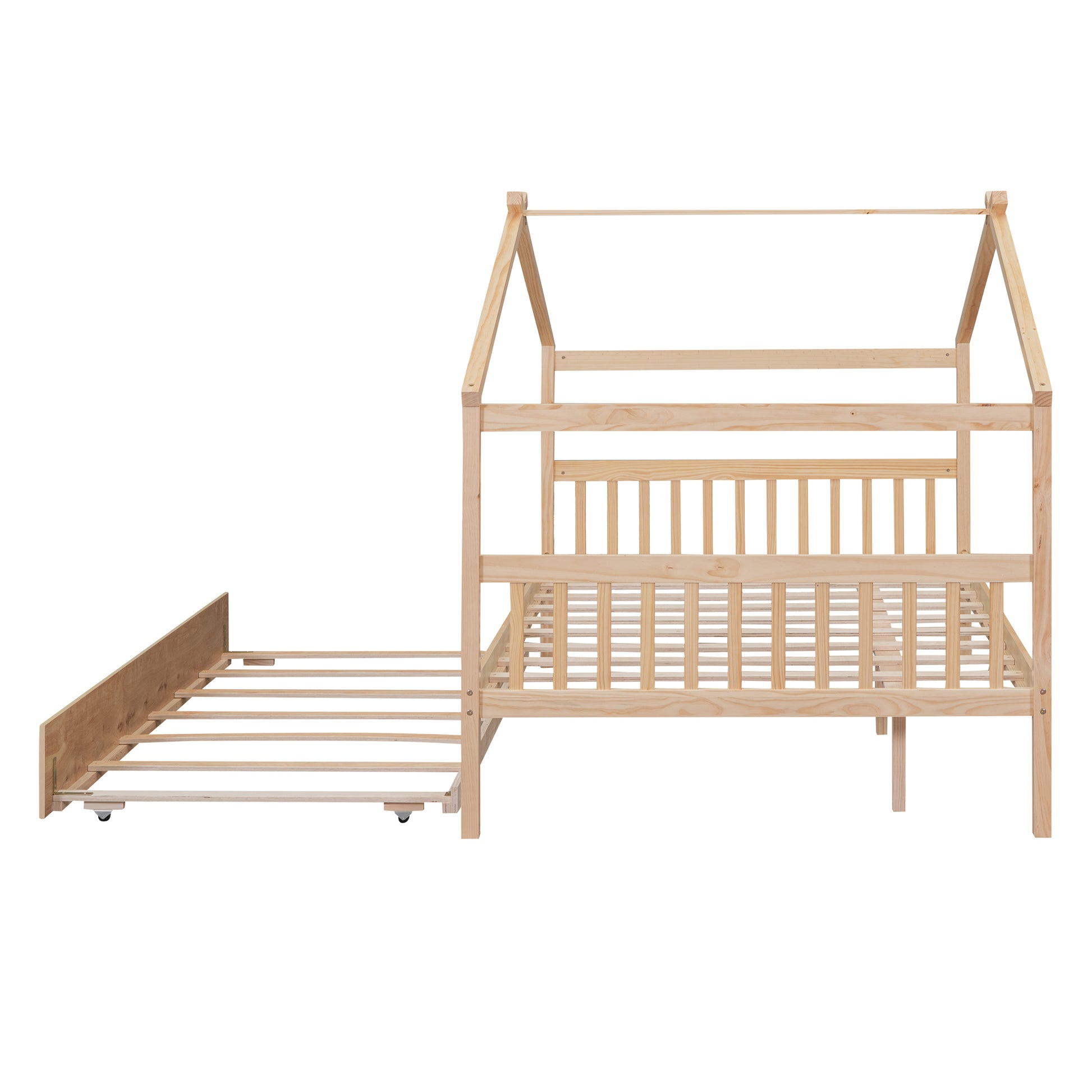 Full Size Wooden House Bed With Twin Size Trundle, Natural Natural Solid Wood