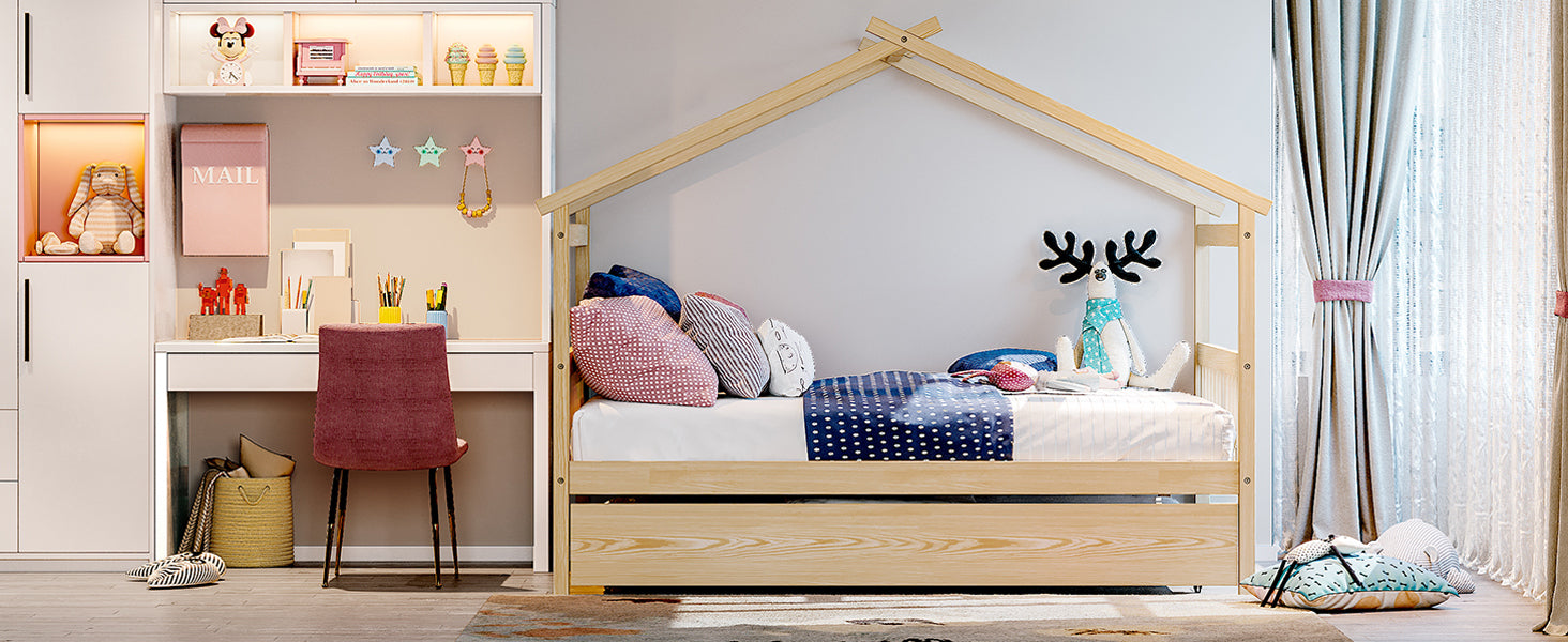 Full Size Wooden House Bed With Twin Size Trundle, Natural Natural Solid Wood