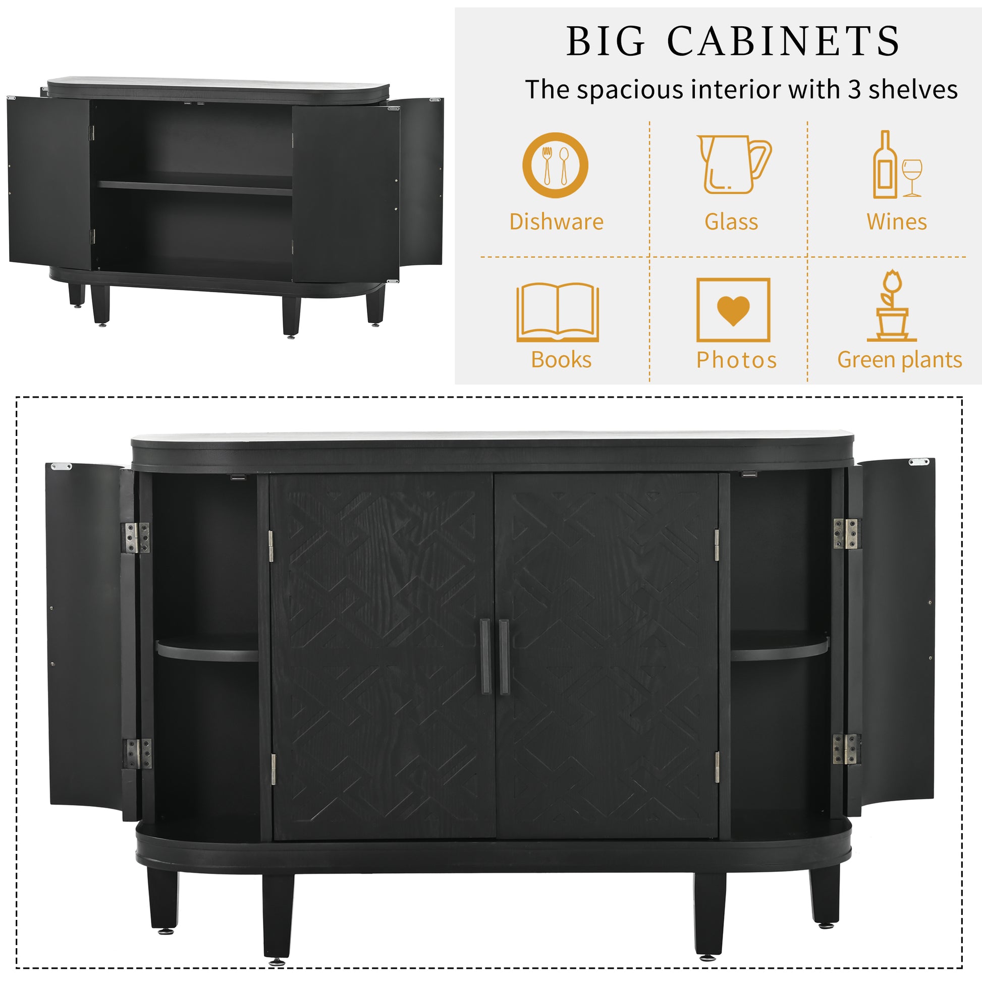 Accent Storage Cabinet Sideboard Wooden Cabinet With Antique Pattern Doors For Hallway, Entryway, Living Room Black Mdf