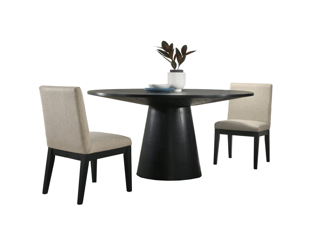 Jasper Ebony Black 3 Piece 59" Wide Contemporary Round Dining Table Set With Beige Fabric Chairs Walnut Solid Wood Mdf