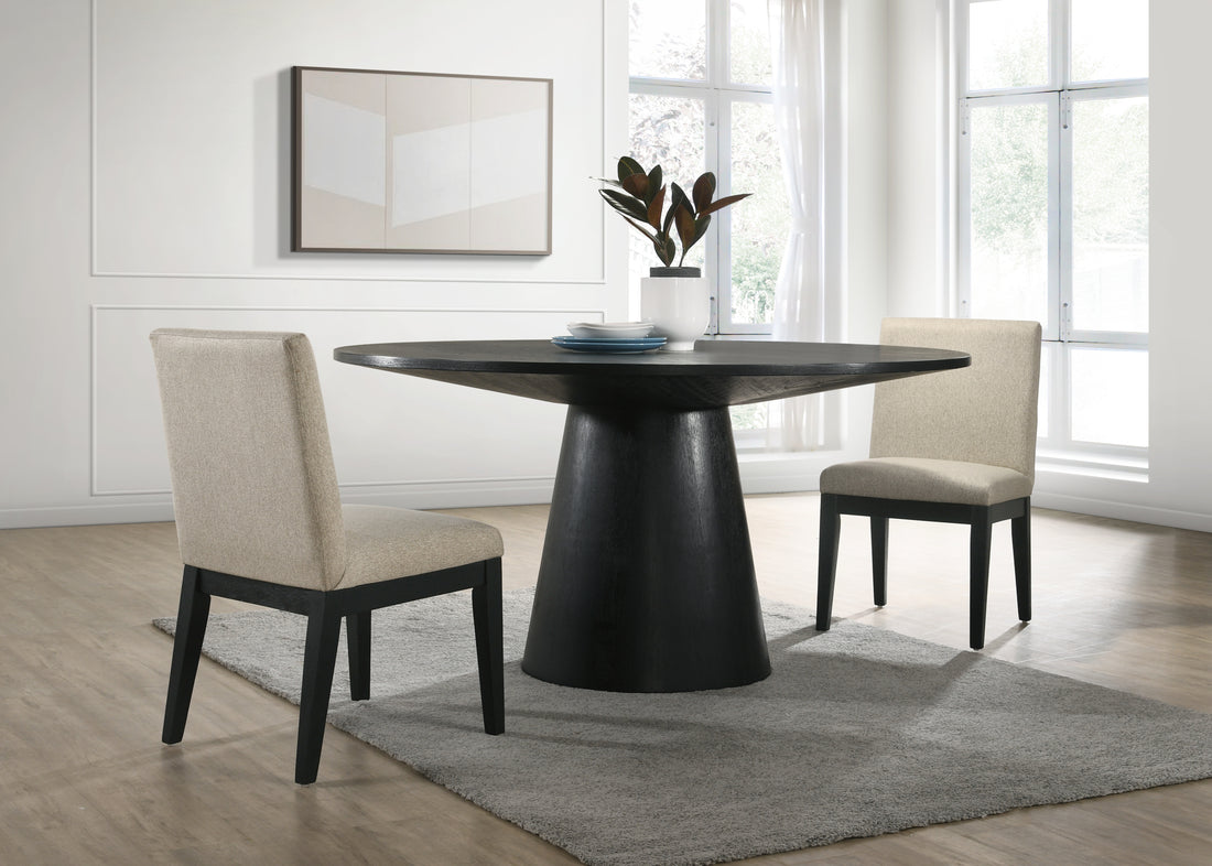 Jasper Ebony Black 3 Piece 59" Wide Contemporary Round Dining Table Set With Beige Fabric Chairs Walnut Solid Wood Mdf