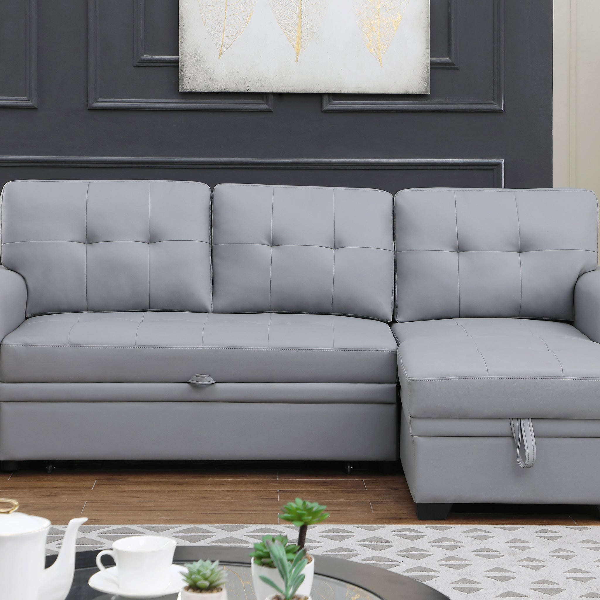 Lexi 83.5" Gray Vegan Leather Modern Reversible Sleeper Sectional Sofa With Storage Chaise Gray Pu Leather