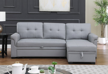 Lexi 83.5" Gray Vegan Leather Modern Reversible Sleeper Sectional Sofa With Storage Chaise Gray Pu Leather