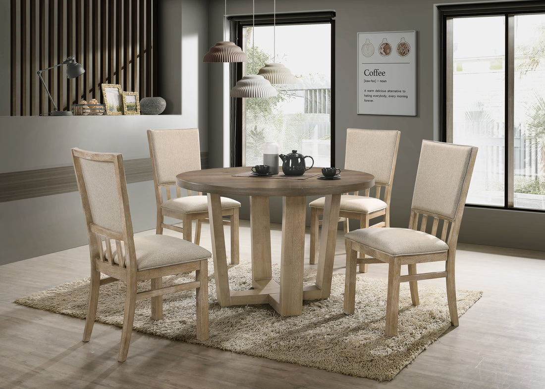 Brutus Vintage Walnut 5 Piece 47" Wide Contemporary Round Dining Table Set With Wheat Colored Fabric Chairs Walnut Solid Wood Mdf