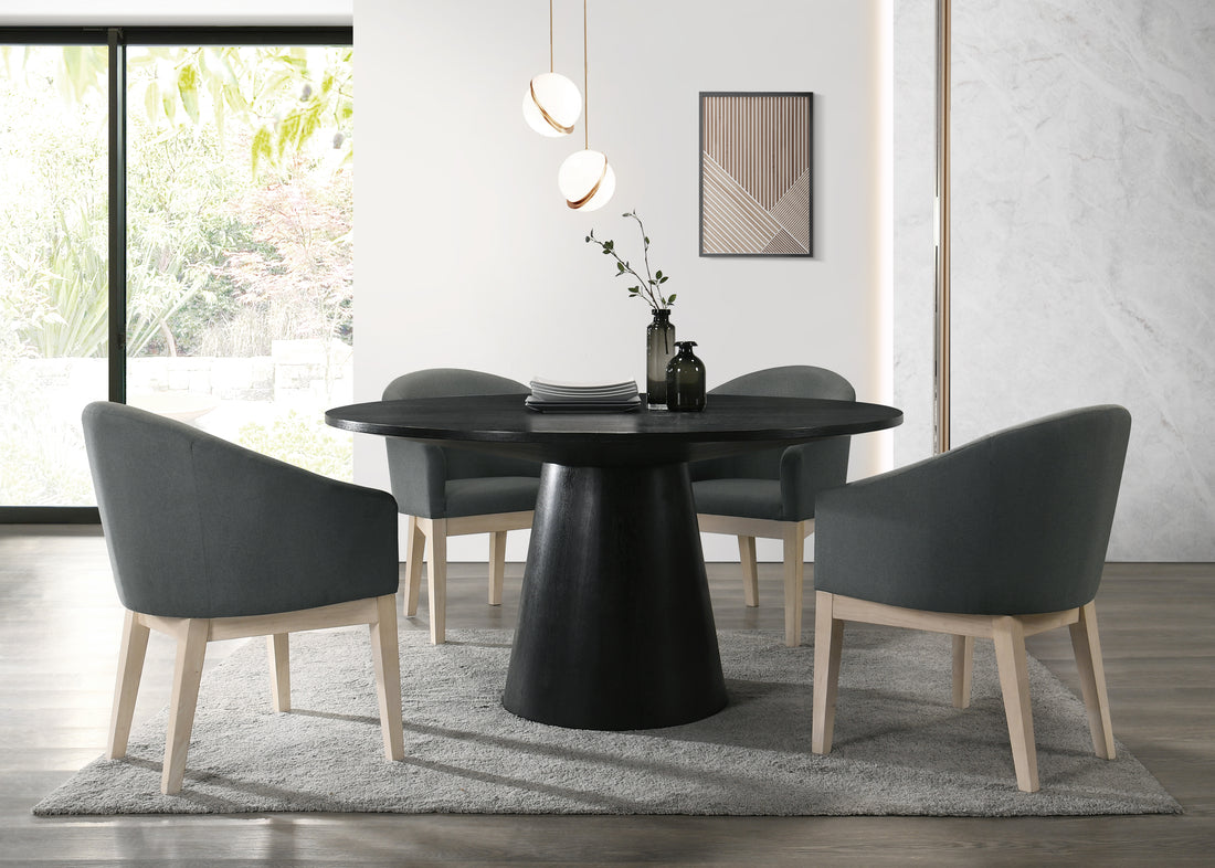 Jasper Ebony Black 5 Piece 59" Round Dining Table Set With Gray Chairs Walnut Solid Wood Mdf
